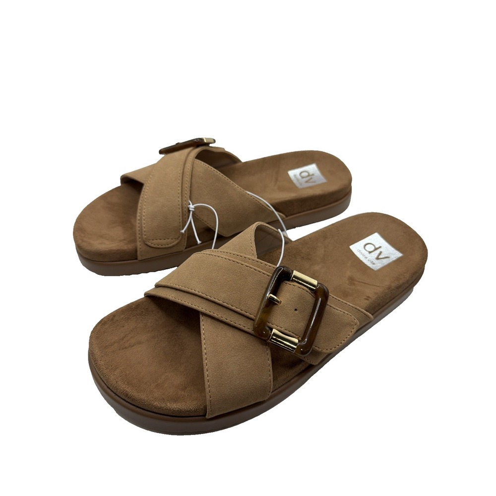 Dolce Vita Women's Tan Slide Sandals Faux Leather Fashion Flat Sandals. Size 6
